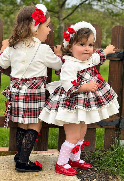 Girls White Tartan Puffball Dress AW (Made to order)