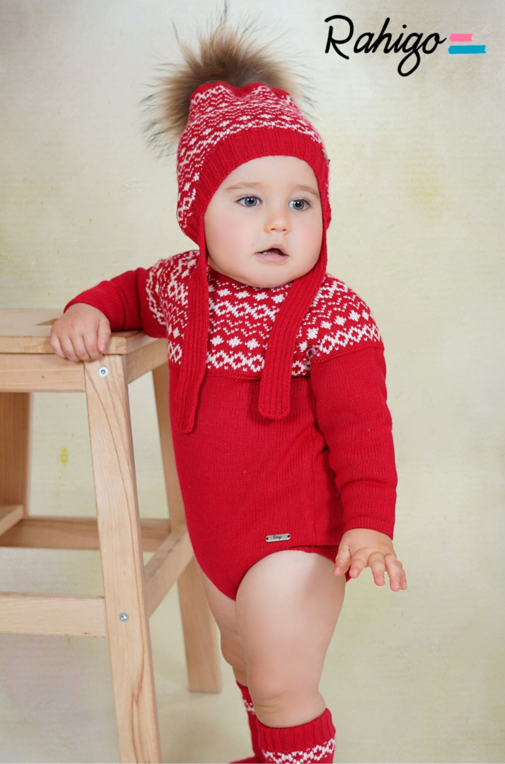Rahigo Baby Boys Red & Cream Romper, Pom String Hat & Socks - AW26 (Preorder)