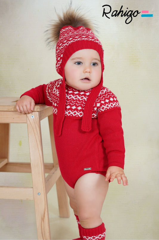 Rahigo Baby Boys Red & Cream Romper, Pom String Hat & Socks - AW26 (Preorder)