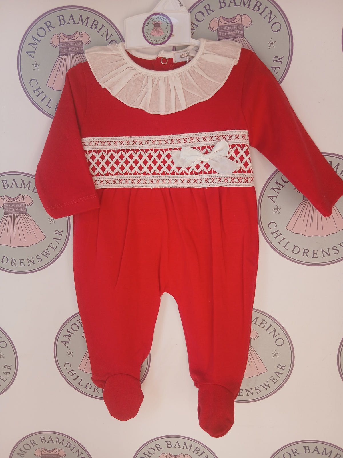 Baby Girls Red Ruffle Babygrow with Lace & Bow