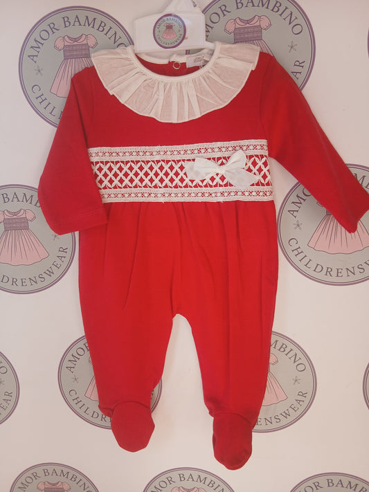 Baby Girls Red Ruffle Babygrow with Lace & Bow