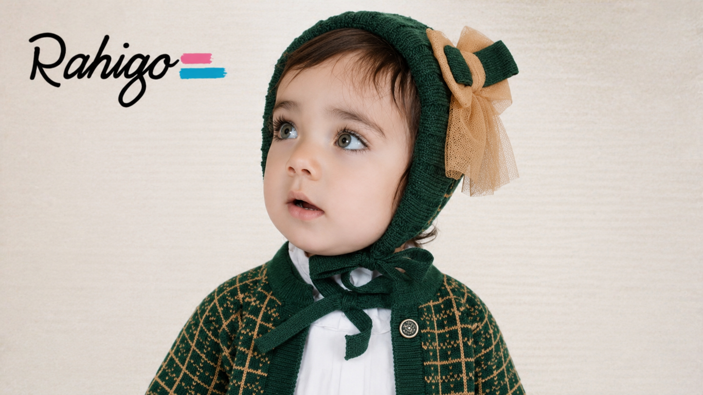 Rahigo Baby Girls Bottle Green & Camel Bonnet - AW26 In Stock