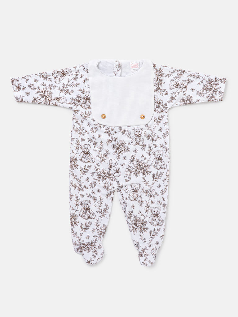 Baby Boys Beige Attached Bib Teddy Babygrow