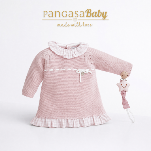 Pangasa Baby Soft Pink Knitted Checked Hem Dress ~ AW26 Preorder