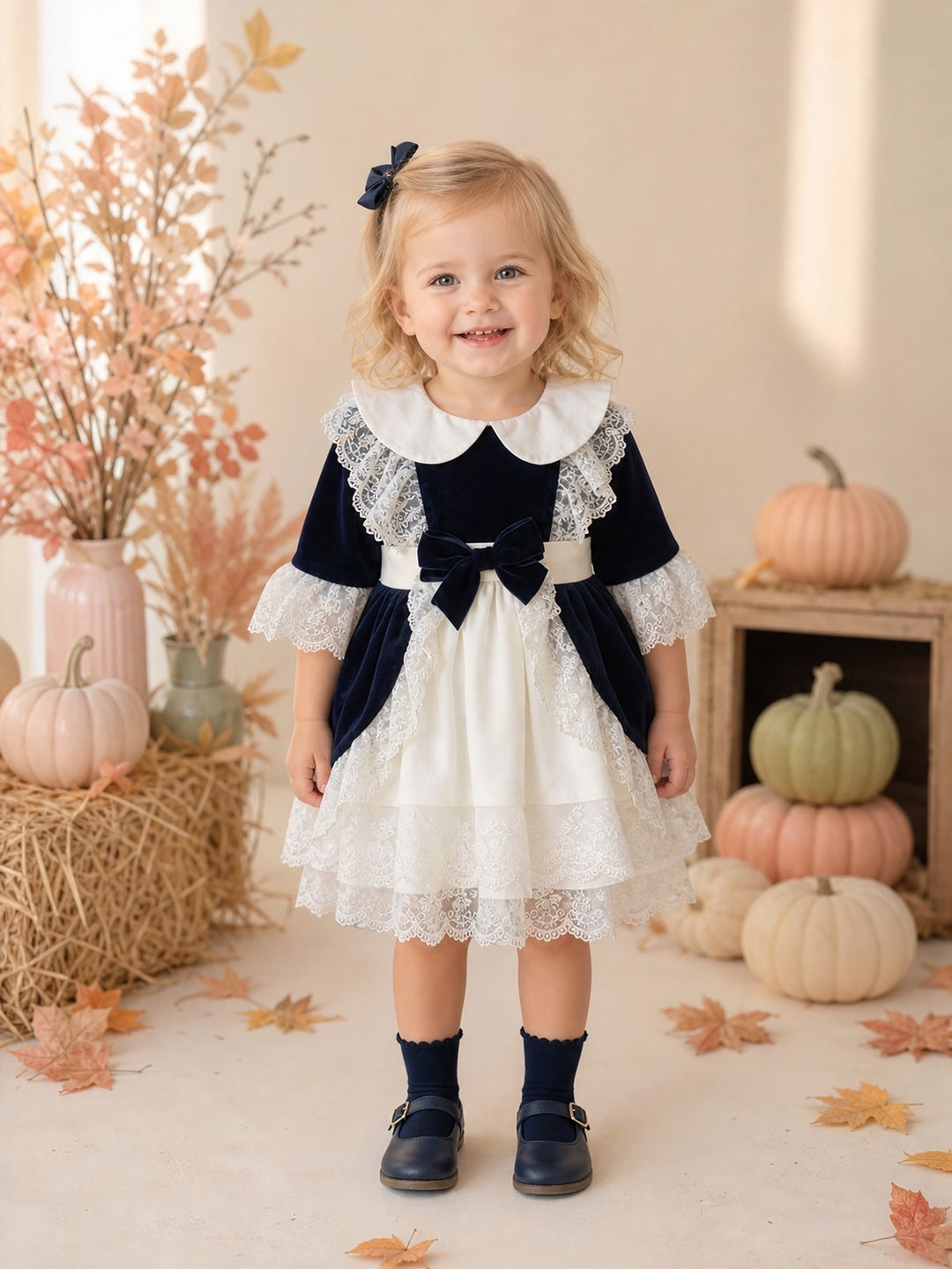 Girls Plush Navy Velvet Dress