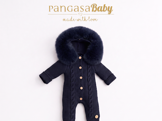 Pangasa Baby Marino Navy Natural Fur Cable Knitted 9m Pramsuit & 12m String Tie Hat - In Stock