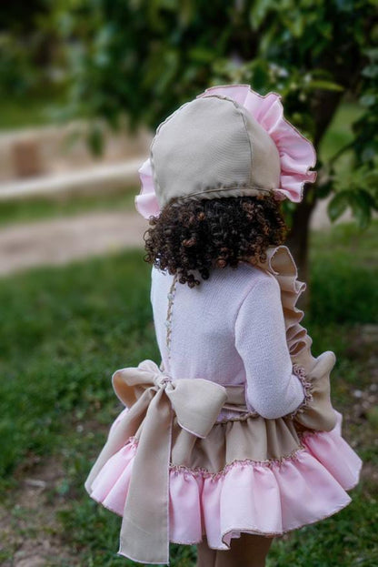 Ela Confeccion AW25 Girls Baby Pink & Camel Knitted Ruffle Dress Set - (Made to order)