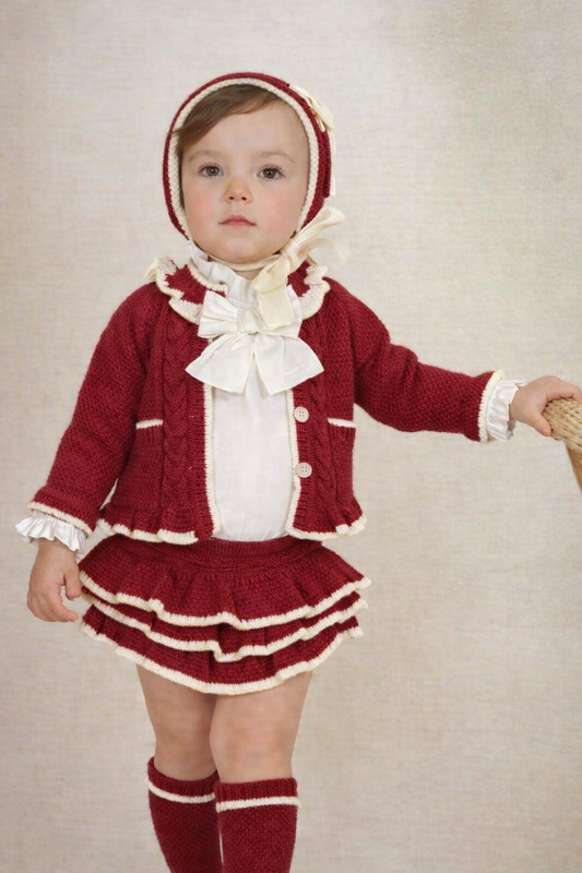 Rahigo Baby Girls Burgundy Red & Cream Cardigan, Blouse & Skirt Set - AW26 (Preorder)