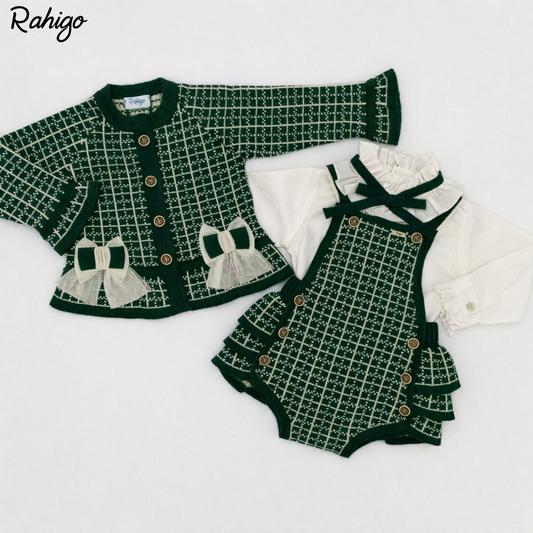 Rahigo Baby Girls Bottle Green & Camel Cardigan, Blouse & Pinafore Set - AW26 (Preorder)