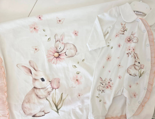 Baby Girls Kelma Bunny Babygrow & Swaddle Set
