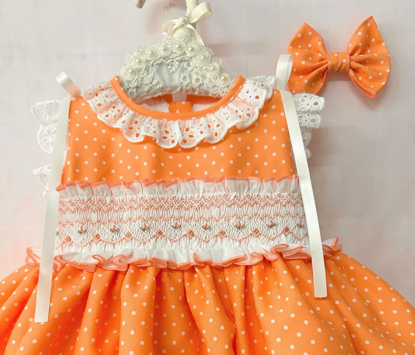 Sonata Girls Orange Smocked Polka Dot Dress & Hairbow SS26 - (Made To Order)