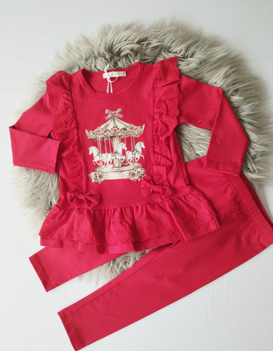 Girls Red Carousel Top & Leggings Set