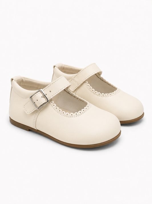 Girls Cream Matte Leather Buckle Shoes (Preorder)