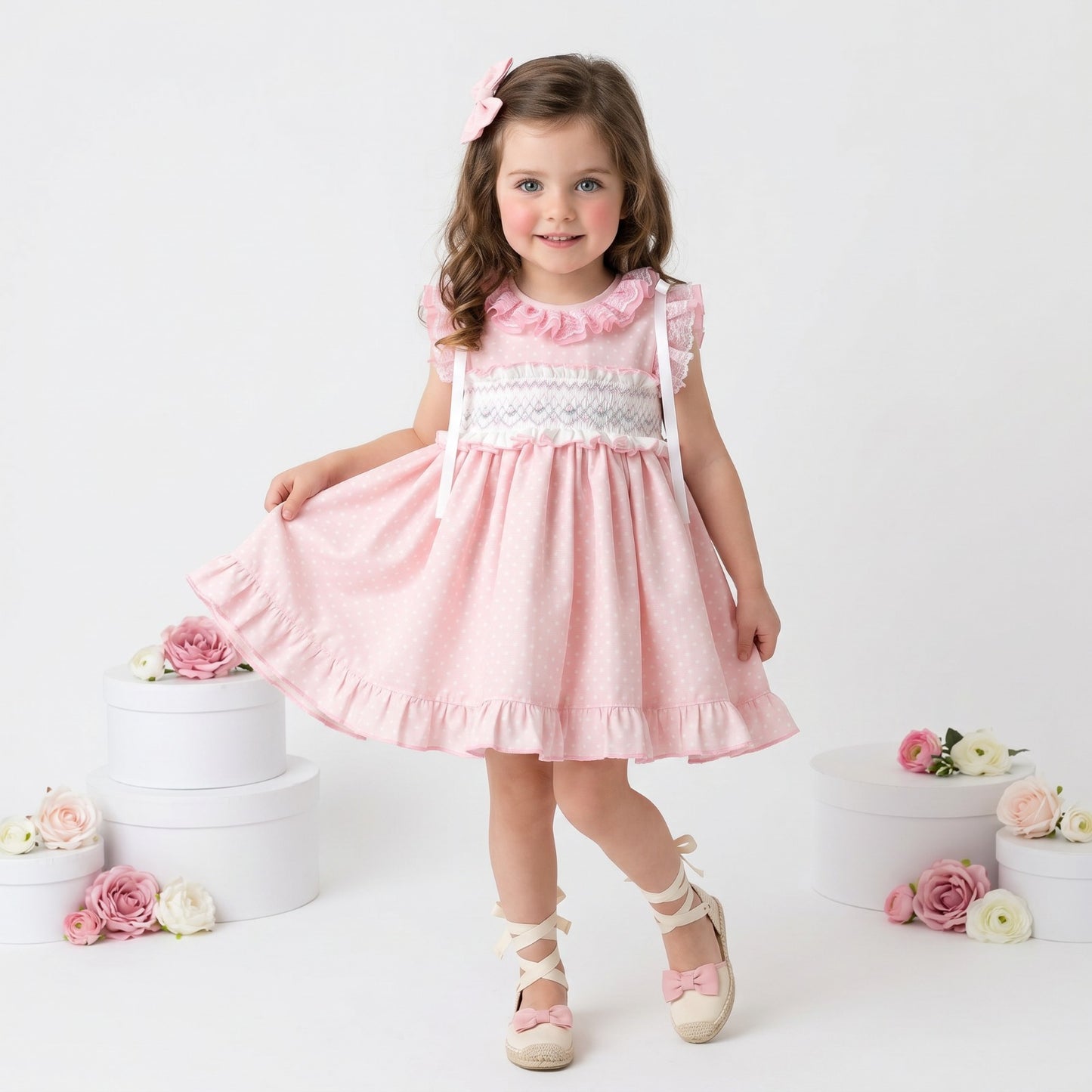 Sonata Girls Pink Smocked Polka Dot Dress & Hairbow SS26 - (Made To Order)