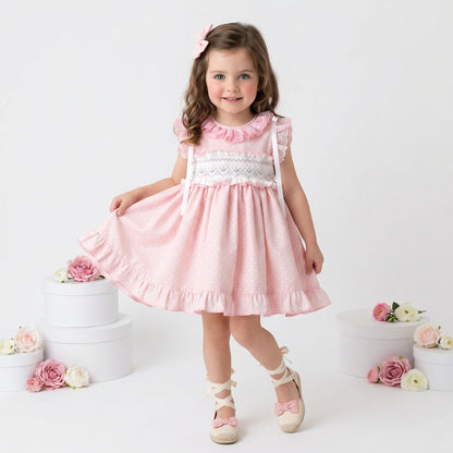 Sonata Girls Pink Smocked Polka Dot Dress & Hairbow SS26 - (Made To Order)