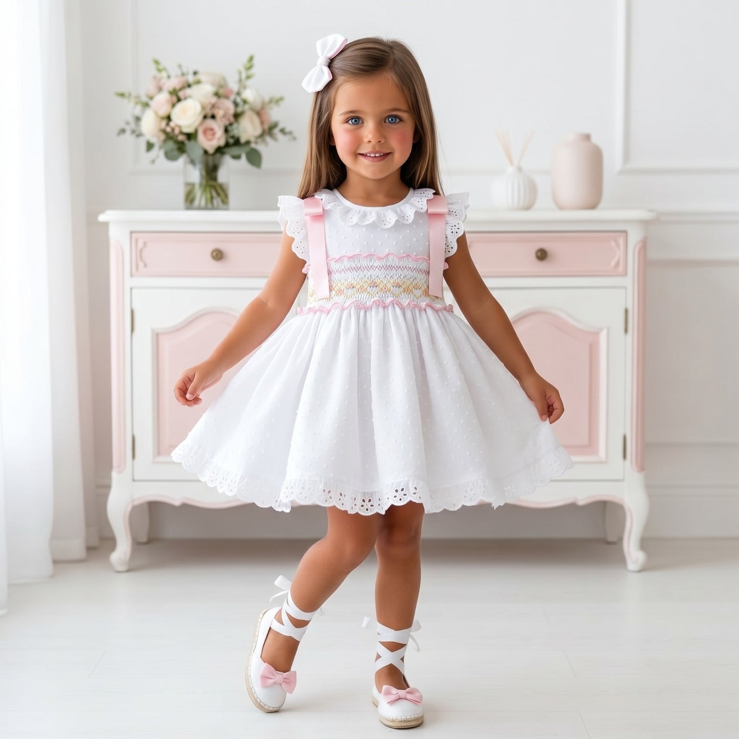 Sonata Girls White Plumetti Smocked Dress & Hairbow SS26 - (Made To Order)