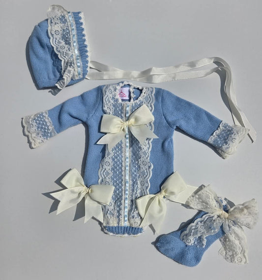 Ela Confeccion Blue Hand Knitted Romper & Bonnet - (Made To Order)