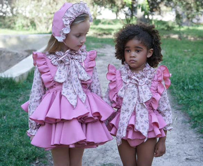 Ela Confeccion AW25 Girls Floral Ruffle Pinafore Skirt & Bow Blouse Set - (Made to order)