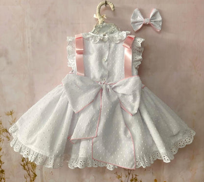 Sonata Girls White Plumetti Smocked Dress & Hairbow SS26 - (Made To Order)