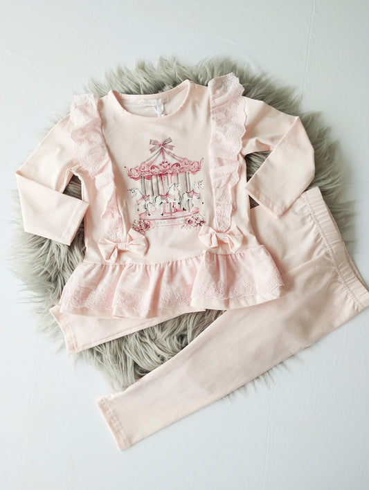 Girls Pink Carousel Top & Leggings Set