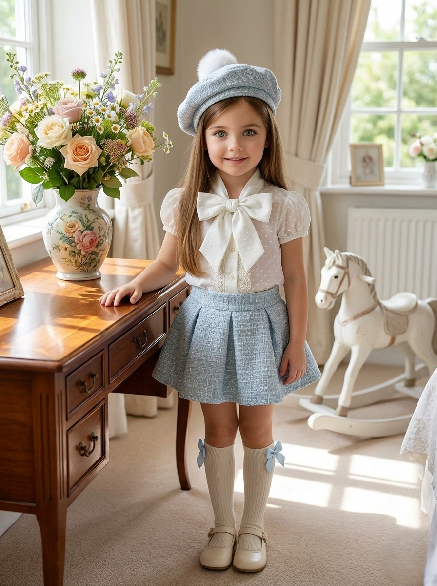 Girls Sonata Handmade Baby Blue Pom Beret Hat SS26 (Made to order)