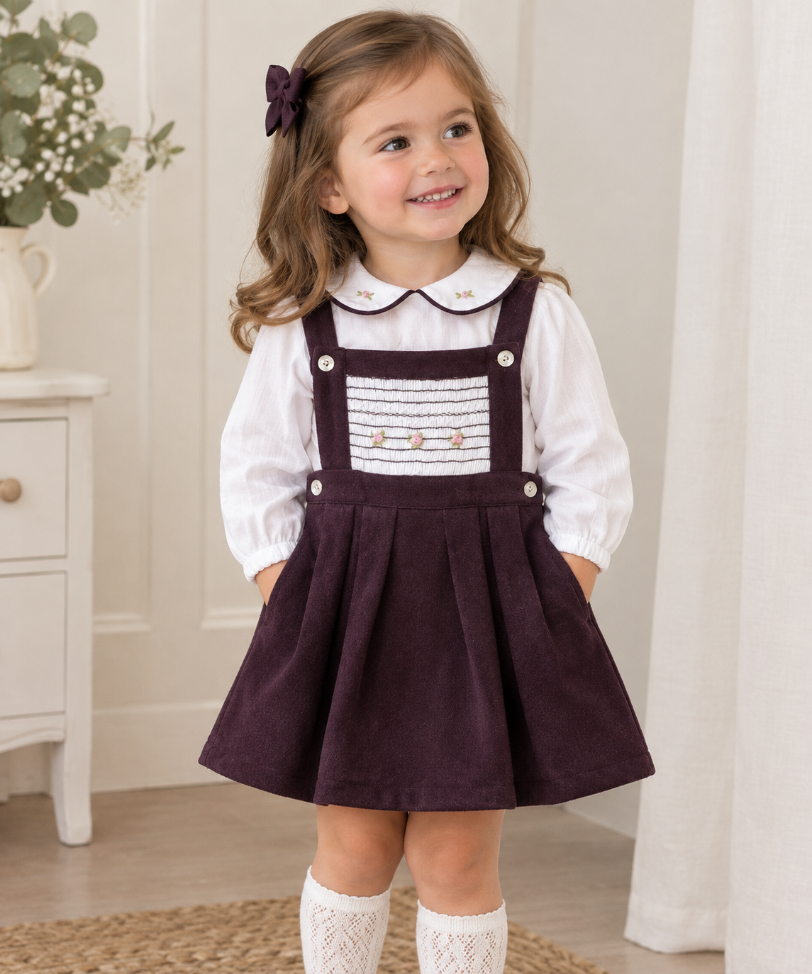 Girls Burgandy Pinafore Smocked Dress & Blouse