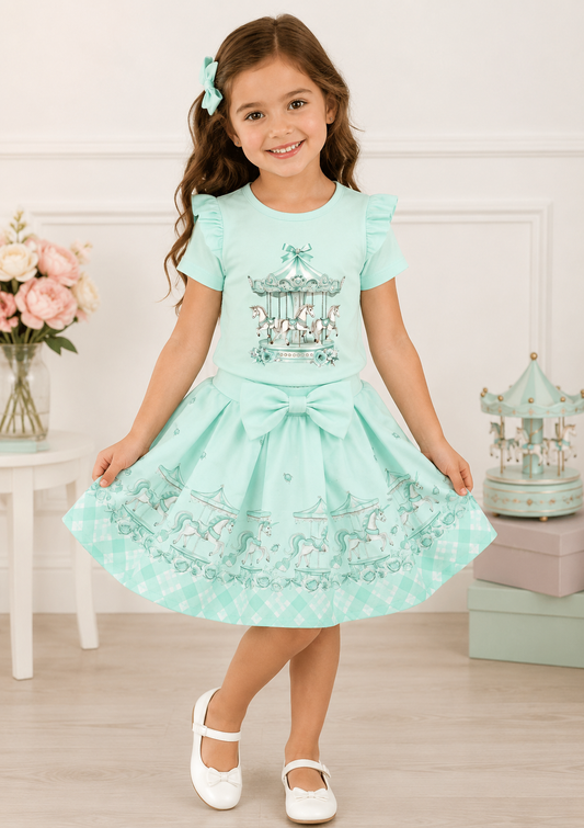 Mint Horse Carousel Top & Skirt Set