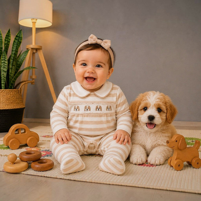Baby Beige Dog Smocked Babygrow
