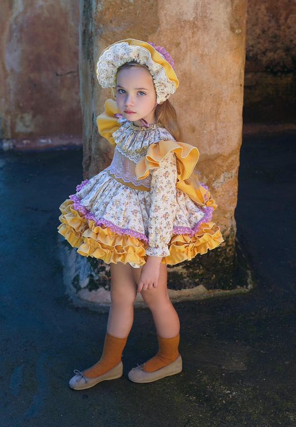 Ela Confeccion AW25 Girls Yellow Ditsy Puffball Dress Set - (Made to order)