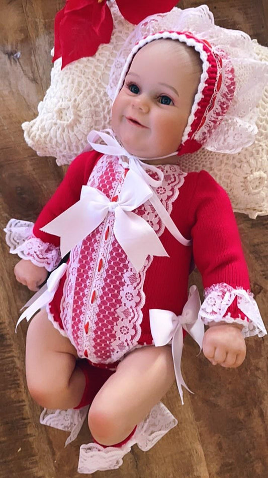 Ela Confeccion Red Hand Knitted Romper & Bonnet - (Made To Order)