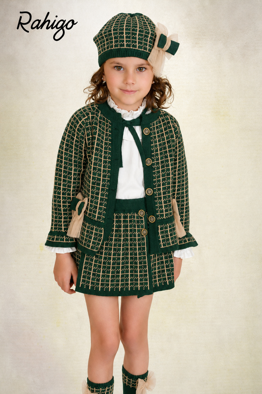 Rahigo Girls Bottle Green & Camel Cardigan, Blouse, Skirt & Socks Set - AW26 In Stock