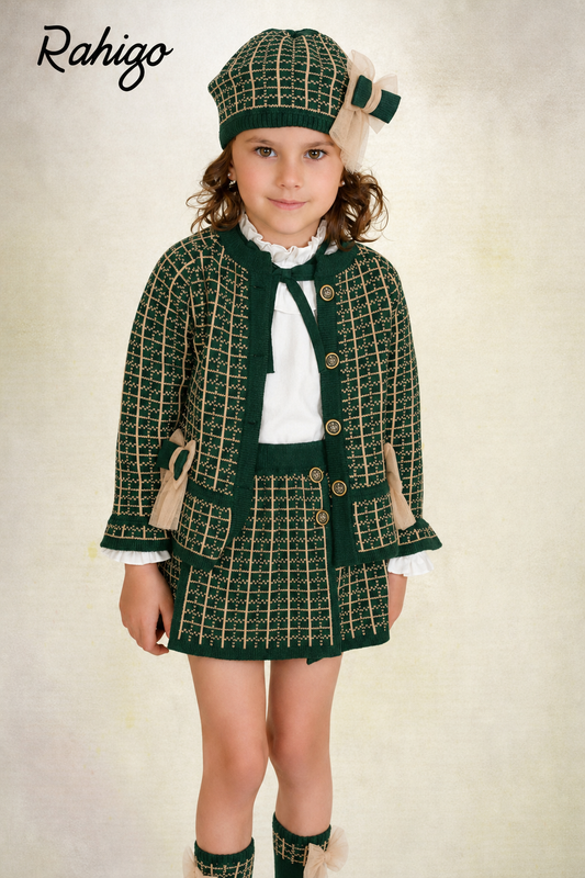 Rahigo Girls Bottle Green & Camel Cardigan, Blouse, Skirt & Socks Set - AW26 (Preorder)