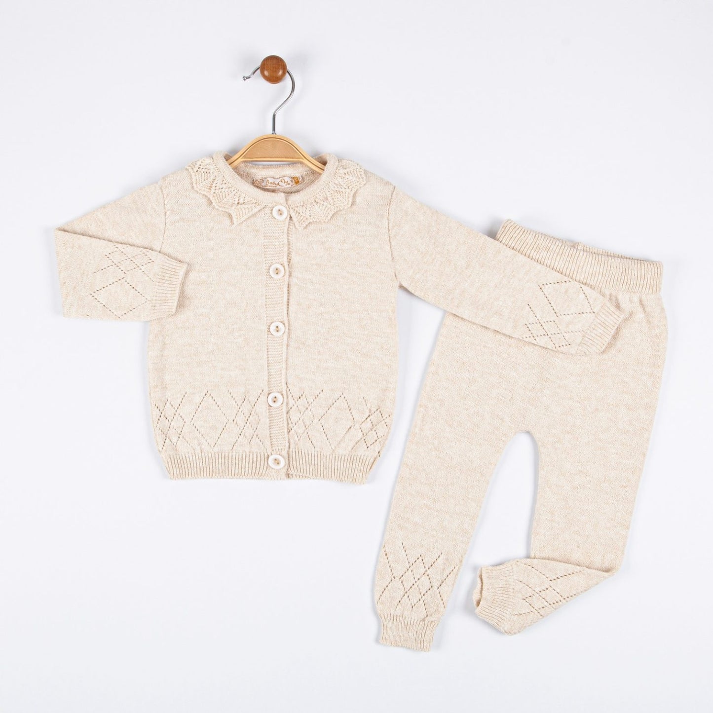 Baby Girls Knitted Diamond Embossed Diamond Cardigan & Bottoms Set