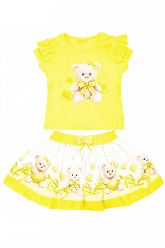 Yellow Teddybear Heart Top & Skirt Set