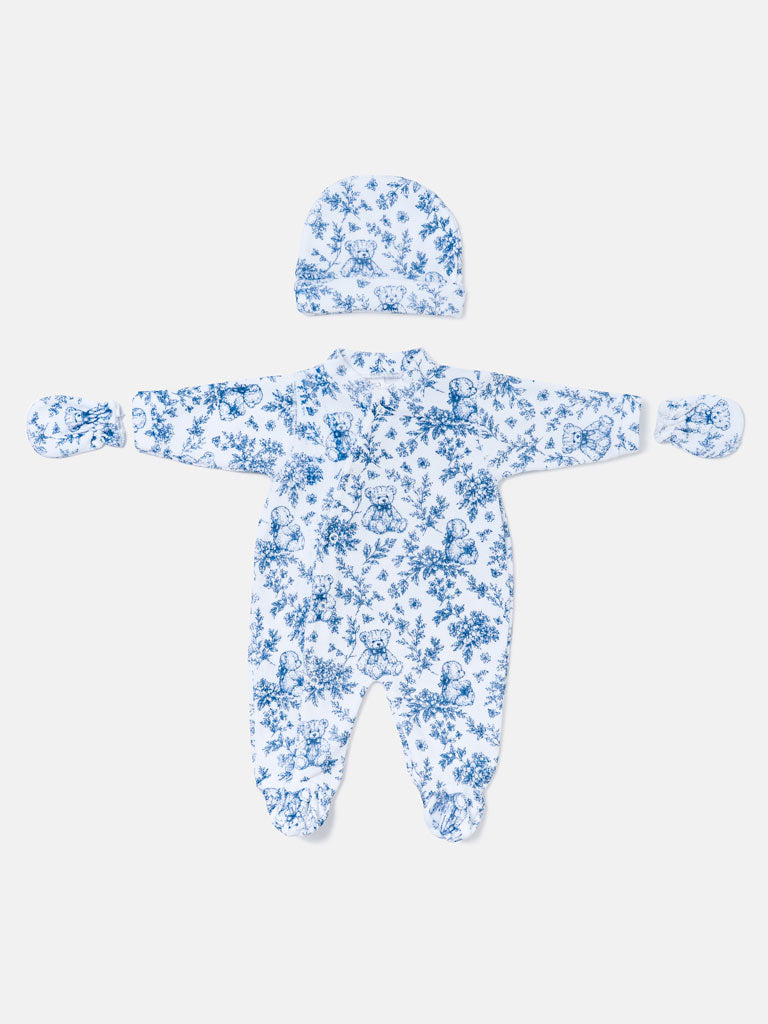 Boys Baby Blue Teddy Velour Babygrow 3 piece Set