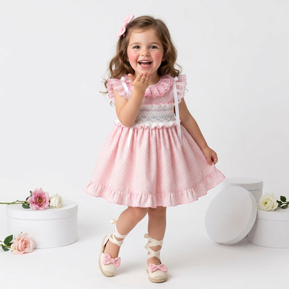 Sonata Girls Pink Smocked Polka Dot Dress & Hairbow SS26 - (Made To Order)