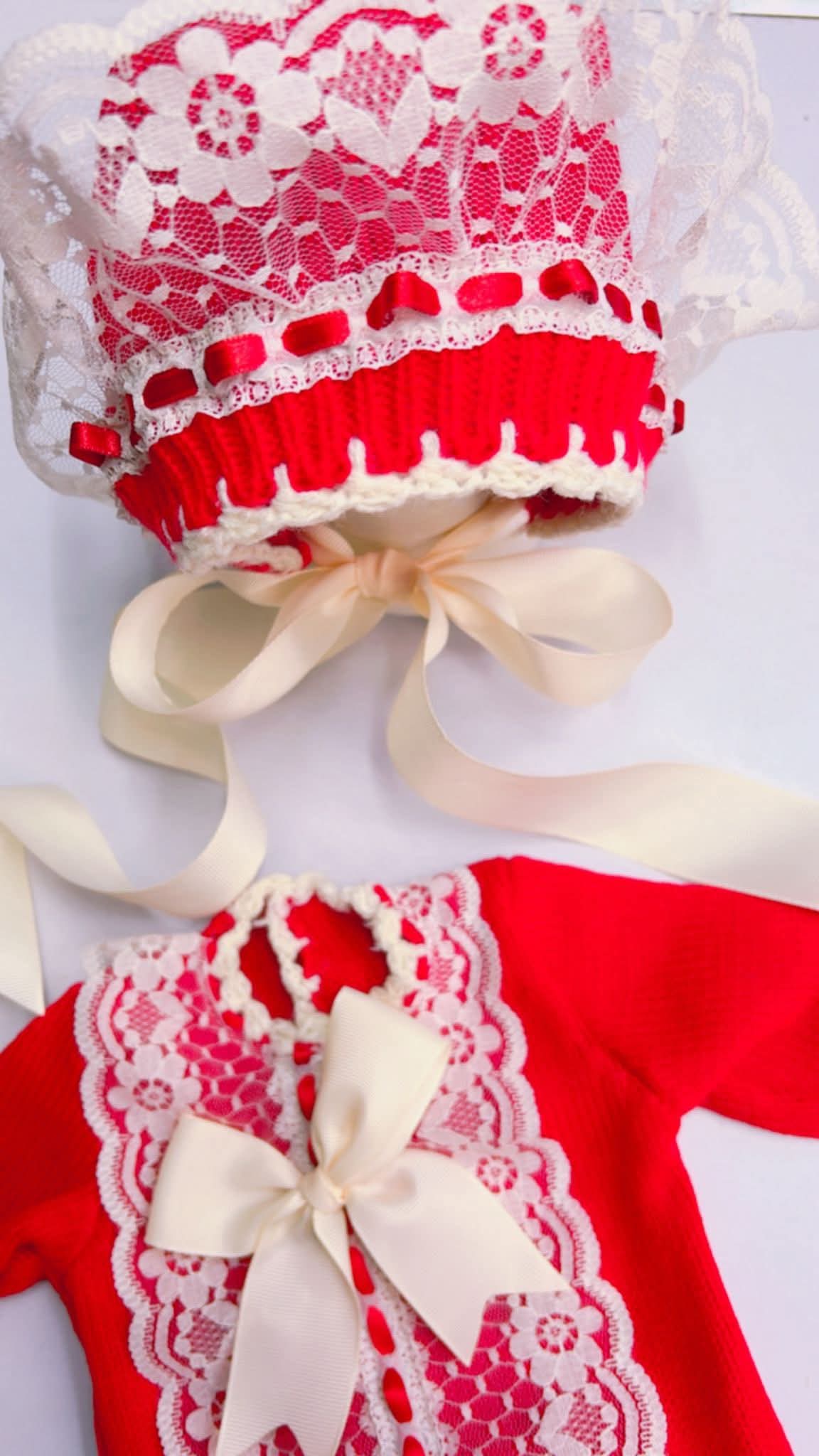 Ela Confeccion Red Hand Knitted Romper & Bonnet - (Made To Order)