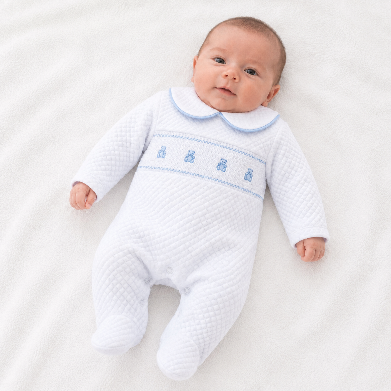 Baby Boys White & Blue Teddy Babygrow