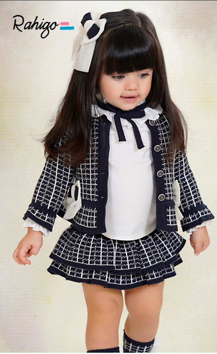 Rahigo Girls Navy & Cream Cardigan, Blouse & Skirt Set - AW26 (Preorder)