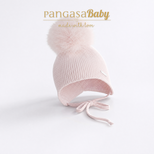 Pangasa Baby Powdered Pink Natural Fur Pom String Tie Hat - Preorder