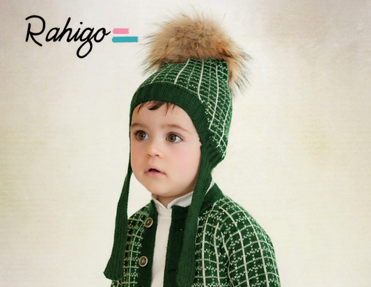 Rahigo Baby Boys Bottle Green & Camel String Tie Pom Hat AW26 (Preorder)