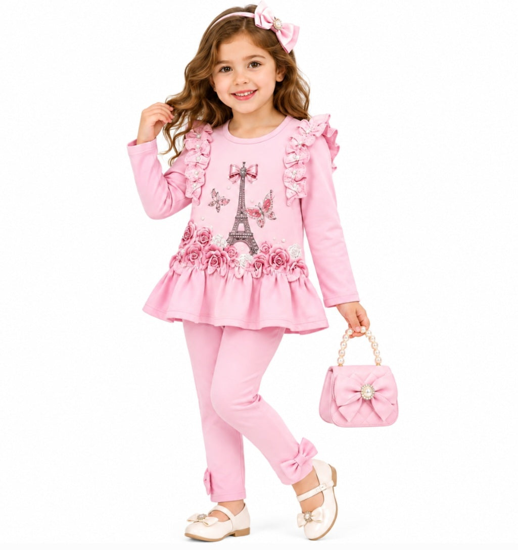 Girls Eiffel Tower Pink Top & Leggings Set (Preorder)