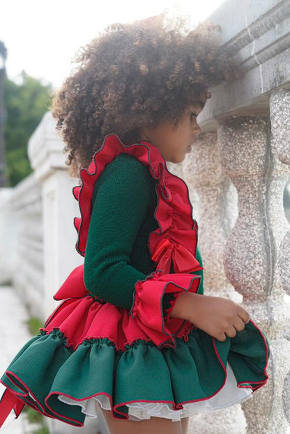 Ela Confeccion AW25 Girls Bottle Green & Red Knitted Ruffle Dress Set - (Made to order)