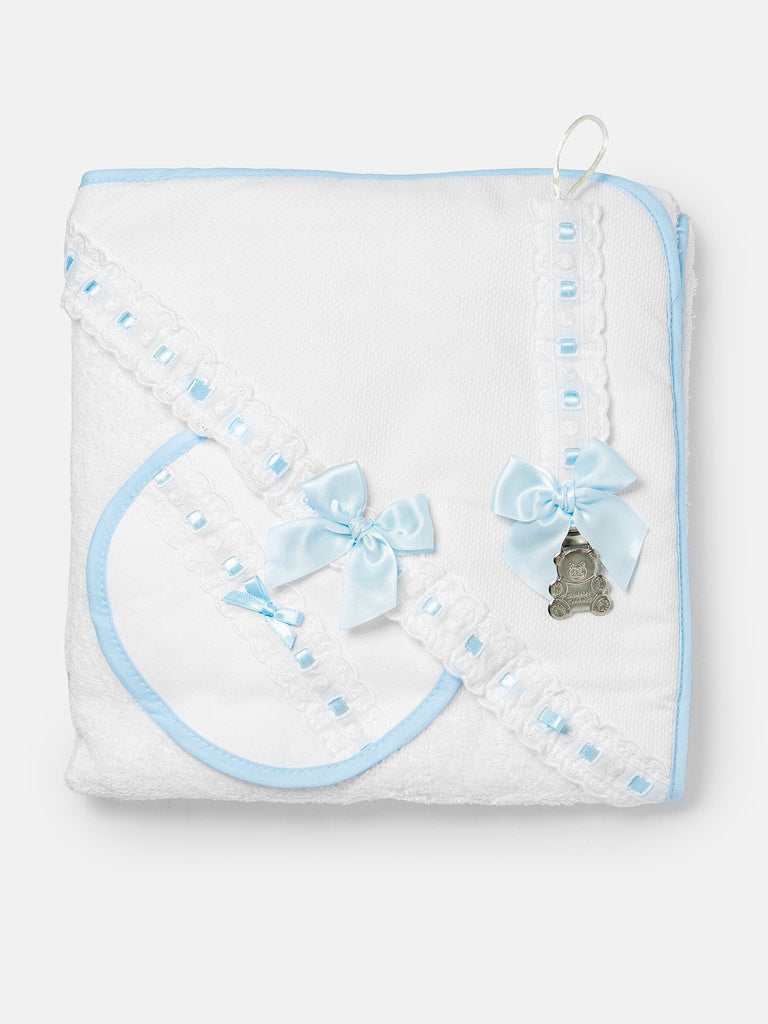 Boys Baby Blue & White 3-piece Bath Set - Hooded Towel, Bib & Dummy Clip