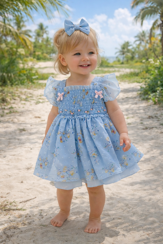 Blue Blossoms Sonata Handmade Smocked Dress - in stock