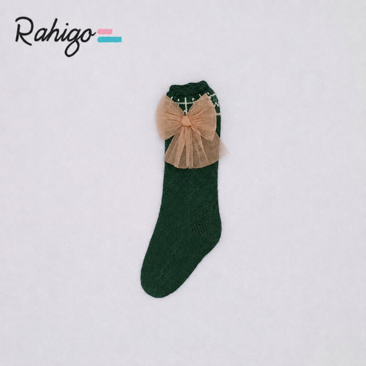 Rahigo Girls Bottle Green & Camel Tulle Bow Socks - AW26 In Stock