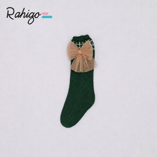 Rahigo Girls Bottle Green & Camel Tulle Bow Socks - AW26 (Preorder)