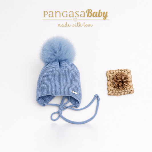 Pangasa Baby Bruma Blue Natural Fur Pom String Tie Hat - Preorder