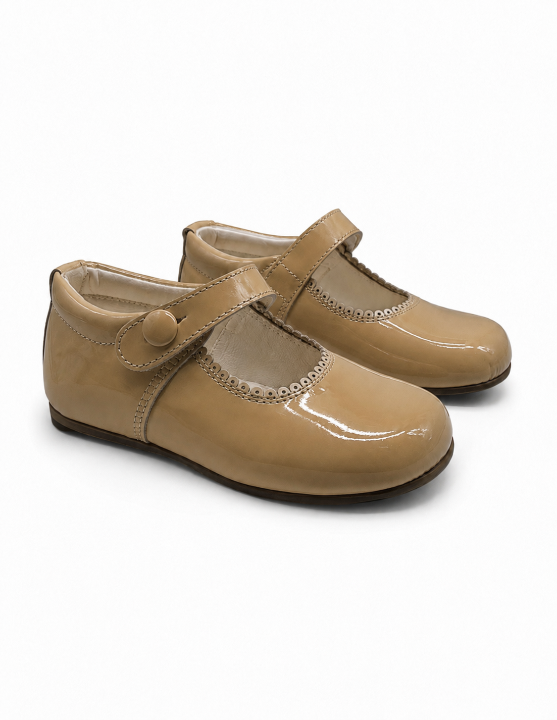 Girls Camel Patent Leather Mary Janes Button Shoes (Preorder)