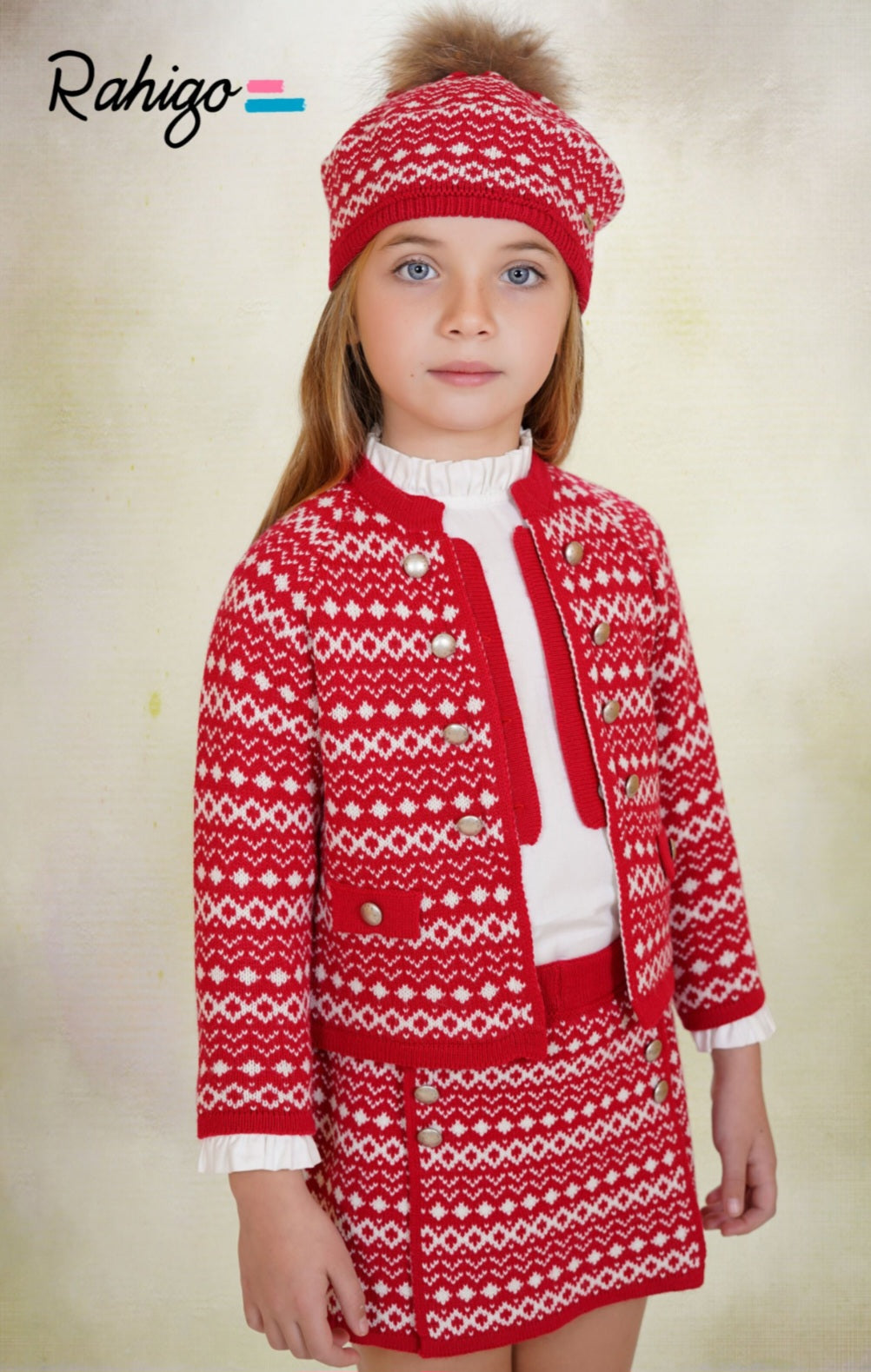 Rahigo Girls Red & Cream Cardigan, Blouse & Skirt Set - AW26 (Preorder)